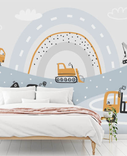 cars and diggers on mountains with rainbow wallpaper mural