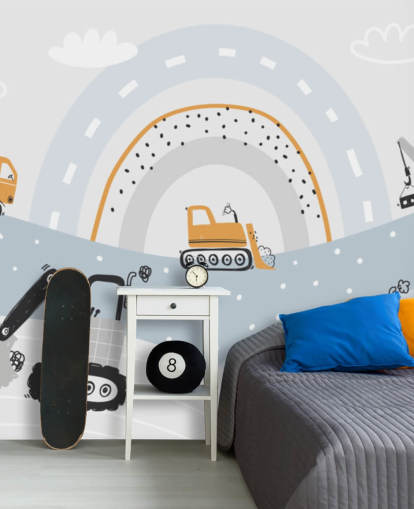 Carta da parati murale con auto e scavatrici sulle montagne con arcobaleno