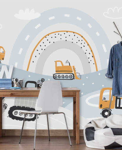 cars and diggers on mountains with rainbow wallpaper mural