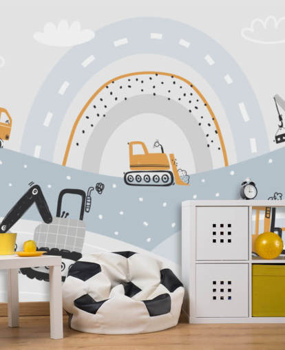 cars and diggers on mountains with rainbow wallpaper mural