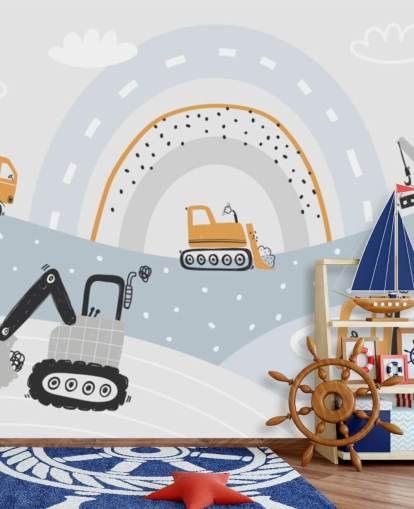 autoja ja kaivajia vuorilla sateenkaaren taustakuvamaalauksella