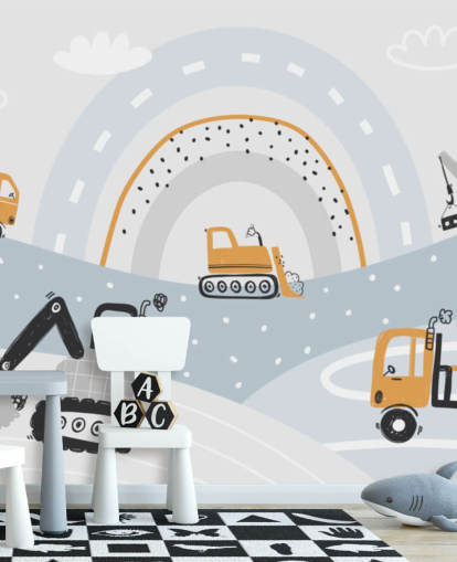 cars and diggers on mountains with rainbow wallpaper mural