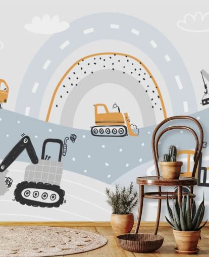 cars and diggers on mountains with rainbow wallpaper mural