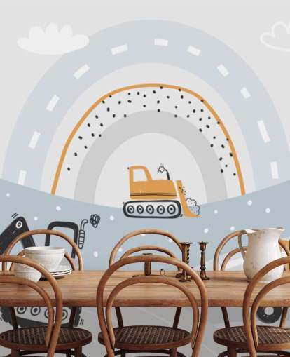 cars and diggers on mountains with rainbow wallpaper mural