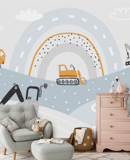 cars and diggers on mountains with rainbow wallpaper mural