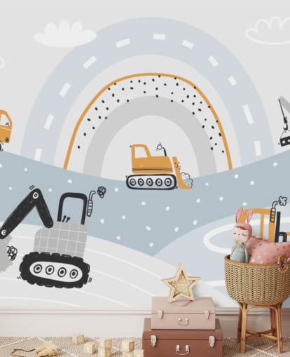 coches y excavadoras en las montañas con mural de papel pintado de arcoíris