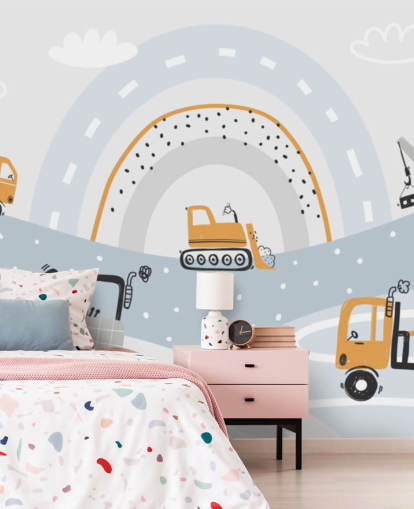 carros e escavadores em montanhas com mural de papel de parede de arco-íris