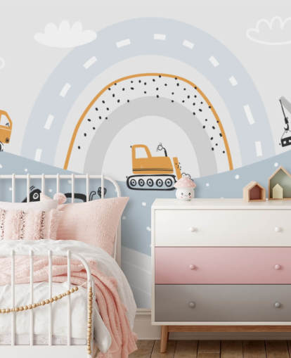 cars and diggers on mountains with rainbow wallpaper mural