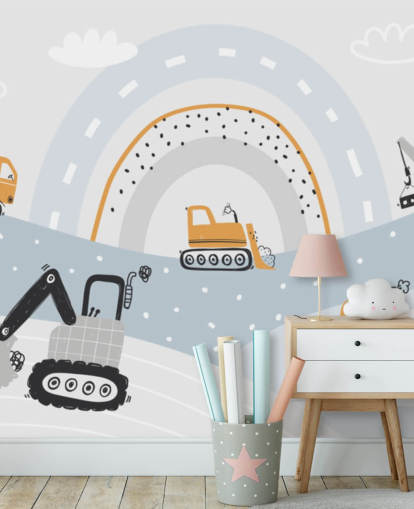 cars and diggers on mountains with rainbow wallpaper mural