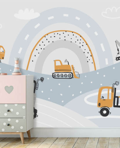 cars and diggers on mountains with rainbow wallpaper mural