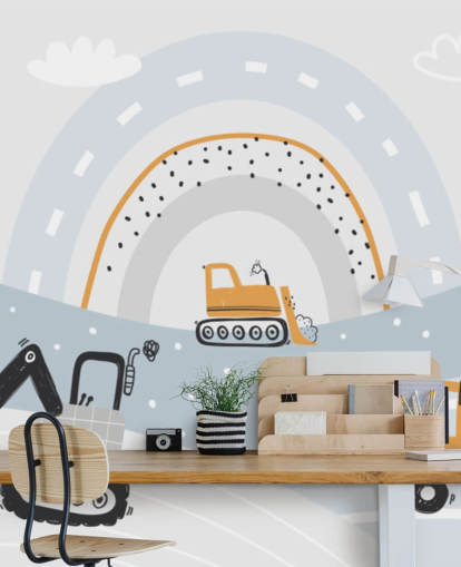 cars and diggers on mountains with rainbow wallpaper mural