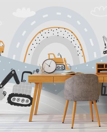 carros e escavadores em montanhas com mural de papel de parede de arco-íris