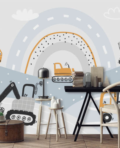 cars and diggers on mountains with rainbow wallpaper mural