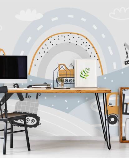 cars and diggers on mountains with rainbow wallpaper mural