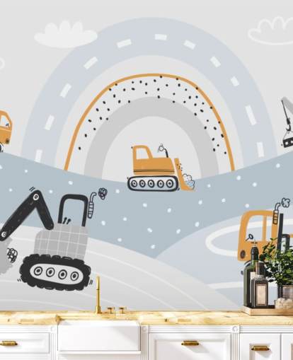 cars and diggers on mountains with rainbow wallpaper mural