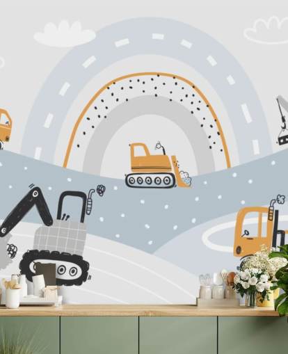cars and diggers on mountains with rainbow wallpaper mural