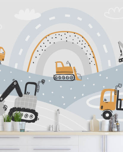 coches y excavadoras en las montañas con mural de papel pintado de arcoíris coches y excavadoras en las montañas con mural de papel pintado de arcoíris