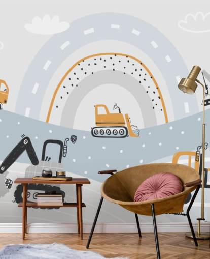 cars and diggers on mountains with rainbow wallpaper mural