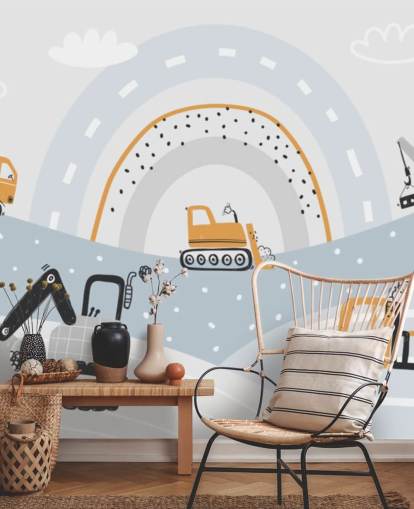 cars and diggers on mountains with rainbow wallpaper mural