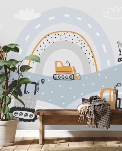 cars and diggers on mountains with rainbow wallpaper mural
