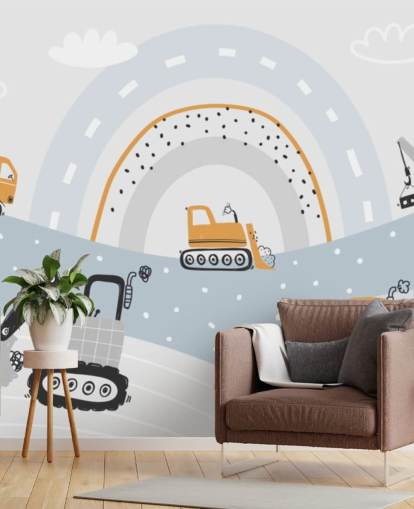 biler og gravemaskiner på bjerge med regnbue tapetmaleri