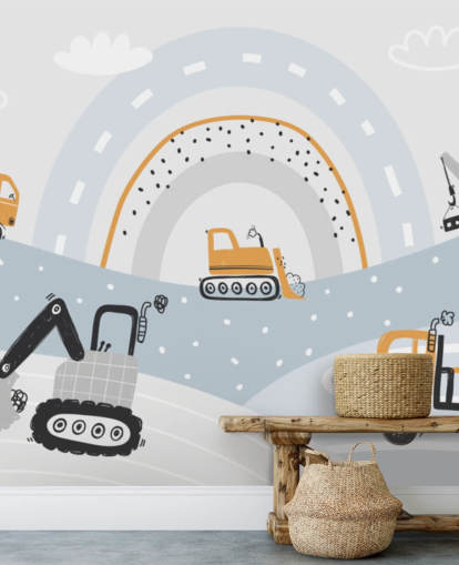cars and diggers on mountains with rainbow wallpaper mural