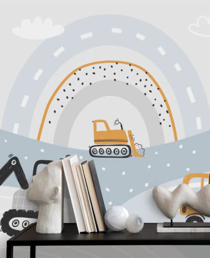 Carta da parati murale con auto e scavatrici sulle montagne con arcobaleno