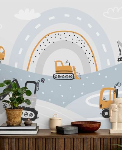 coches y excavadoras en las montañas con mural de papel pintado de arcoíris
