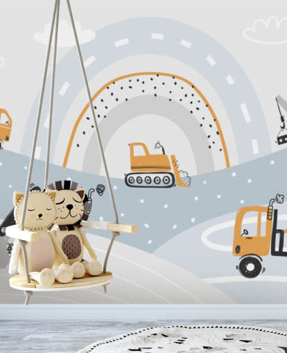 cars and diggers on mountains with rainbow wallpaper mural