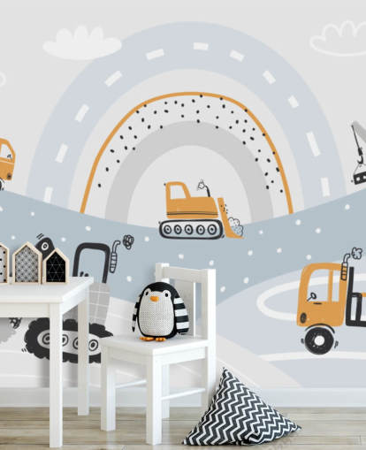 carros e escavadores em montanhas com mural de papel de parede de arco-íris carros e escavadores em montanhas com mural de papel de parede de arco-íris