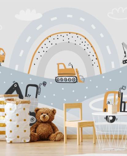 cars and diggers on mountains with rainbow wallpaper mural