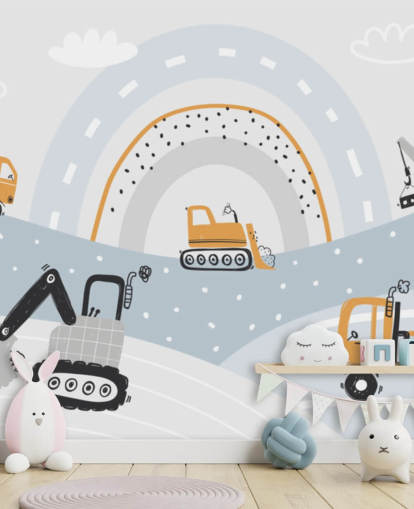 cars and diggers on mountains with rainbow wallpaper mural