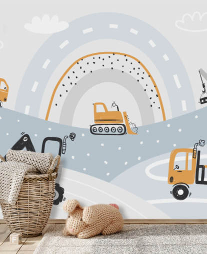 cars and diggers on mountains with rainbow wallpaper mural