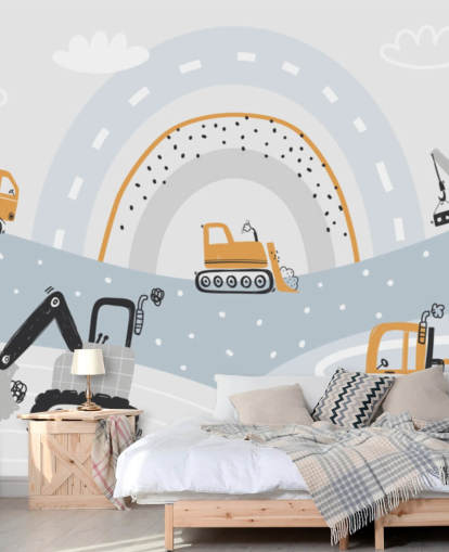 cars and diggers on mountains with rainbow wallpaper mural
