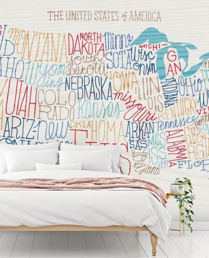 Hand Written States on US Map Mural