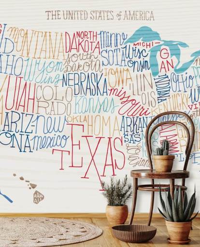 Hand Written States on US Map Mural Hand Written States on US Map Mural