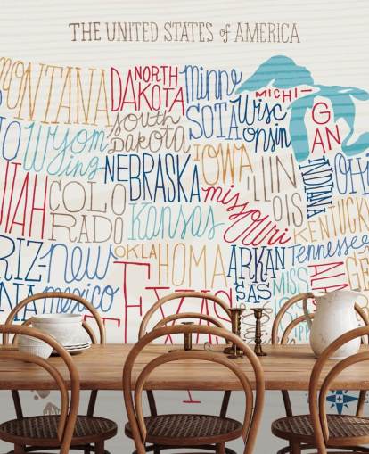 Mural Estados escritos a mano en mapa de Estados Unidos