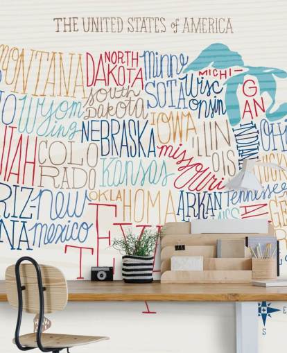 Hand Written States on US Map Mural Hand Written States on US Map Mural