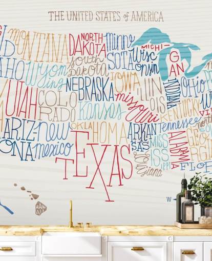 Mural Estados escritos a mano en mapa de Estados Unidos