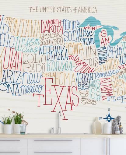 Mural Estados escritos a mano en mapa de Estados Unidos Mural Estados escritos a mano en mapa de Estados Unidos