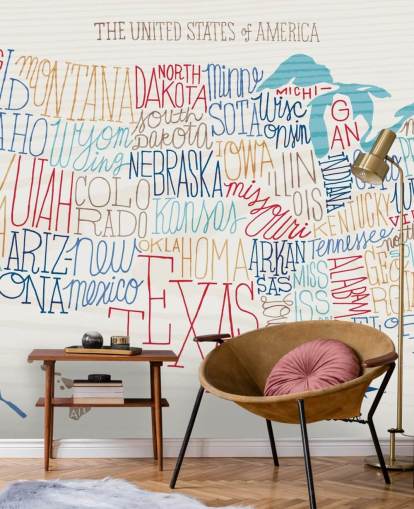 Hand Written States on US Map Mural Hand Written States on US Map Mural