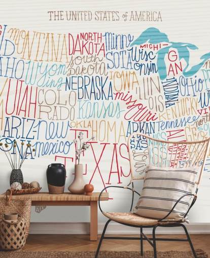 Hand Written States on US Map Mural Hand Written States on US Map Mural