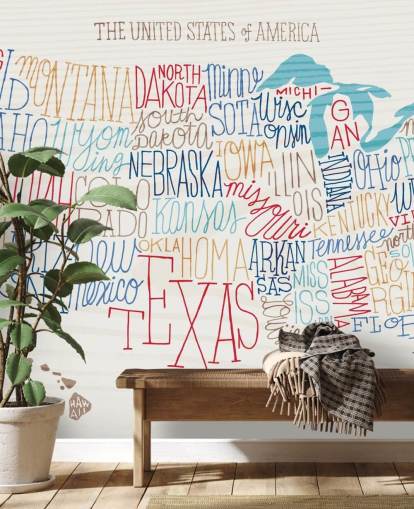 Decorazione murale con mappa degli Stati Uniti scritti a mano