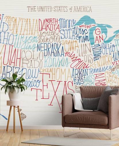 Hand Written States on US Map Mural