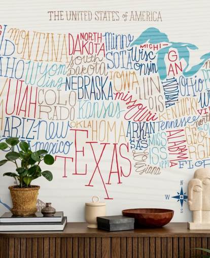 Mural Estados escritos a mano en mapa de Estados Unidos Mural Estados escritos a mano en mapa de Estados Unidos