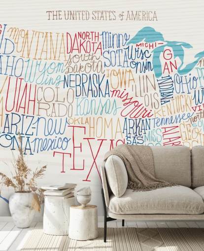 Hand Written States on US Map Mural