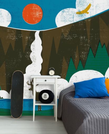 Carta da parati colorata con cervi e montagne