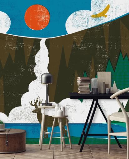 Papel pintado Colorido ciervo y montañas Papel pintado Colorido ciervo y montañas