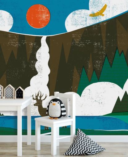 Papel pintado Colorido ciervo y montañas Papel pintado Colorido ciervo y montañas