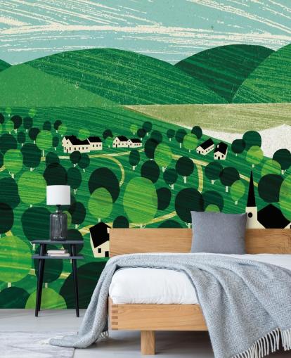 papel pintado de colinas verdes y cabañas blancas